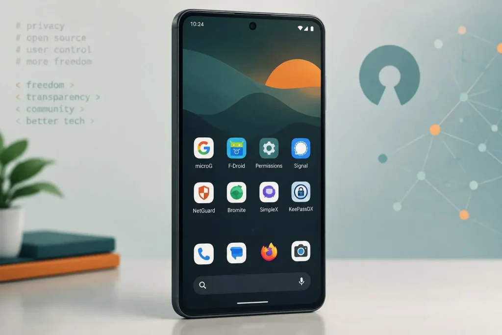 Android smartphone home screen running microG and F-Droid privacy apps on an open-source ROM.