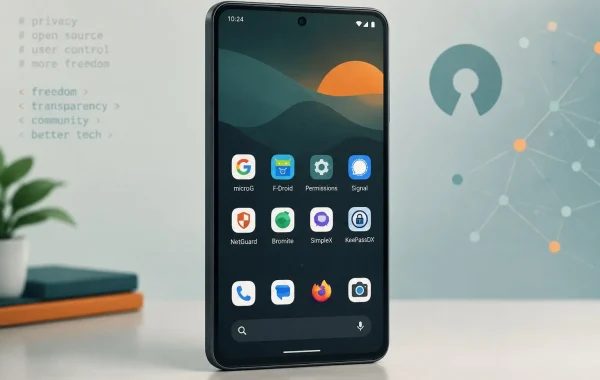 Android smartphone home screen running microG and F-Droid privacy apps on an open-source ROM.