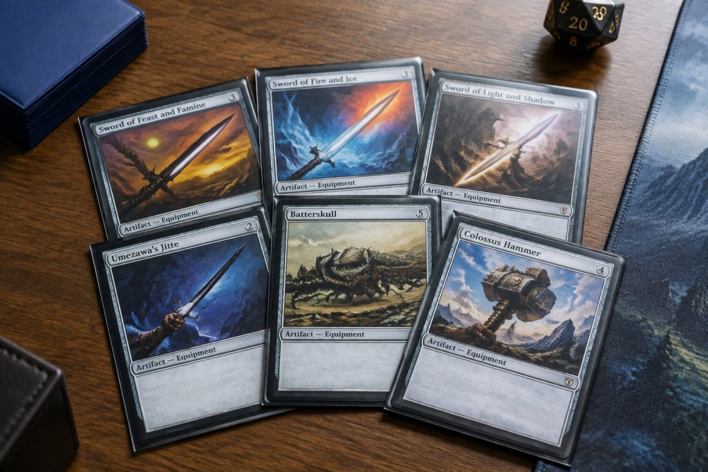 Collection of competitive Magic The Gathering Sword equipment cards spread across a gaming table.