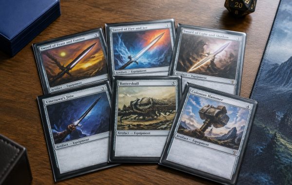 Collection of competitive Magic The Gathering Sword equipment cards spread across a gaming table.