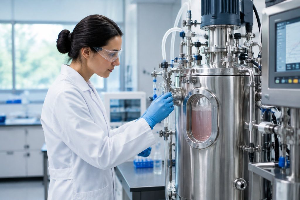 Scientist in laboratory examining stainless steel cellular agriculture bioreactor cultivating lab-grown meat.