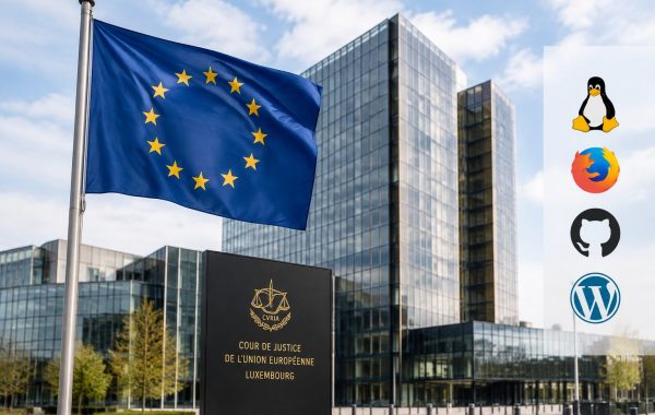 European Union flag displayed outside the Court of Justice alongside open source software icons.