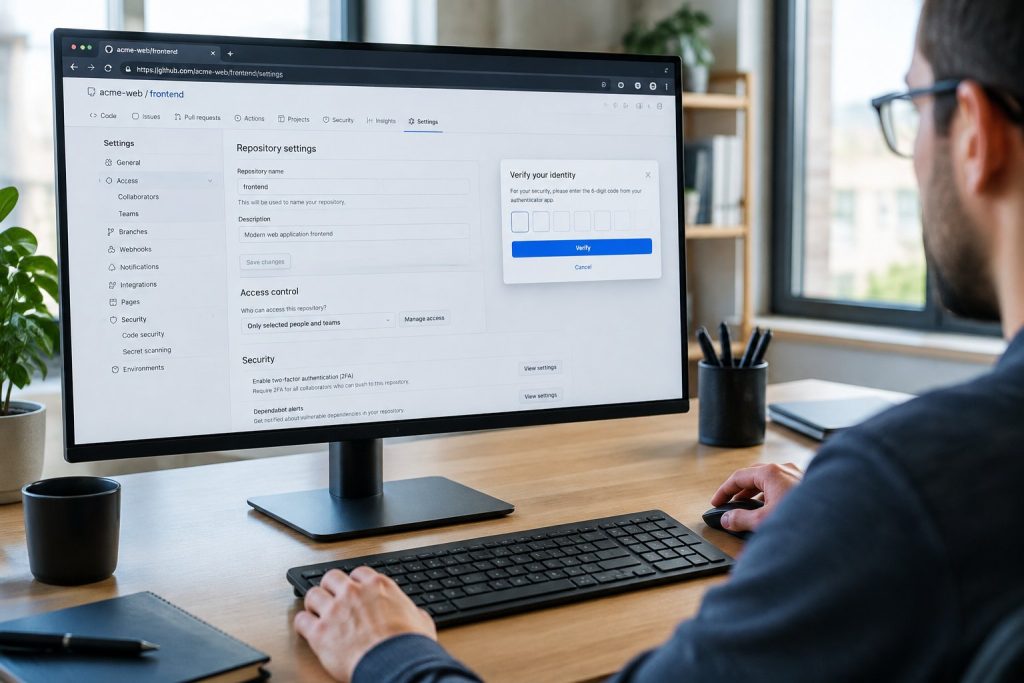 Developer workstation showing GitHub repository settings and user identity verification prompts.