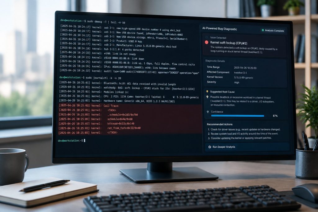 Computer screen showing Linux kernel terminal commands overlaid with automated AI bug diagnostic logs.