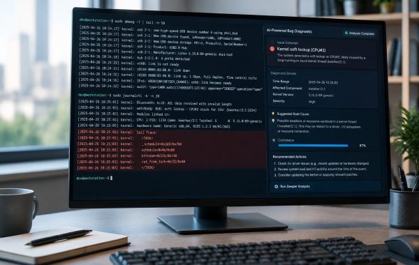 Computer screen showing Linux kernel terminal commands overlaid with automated AI bug diagnostic logs.