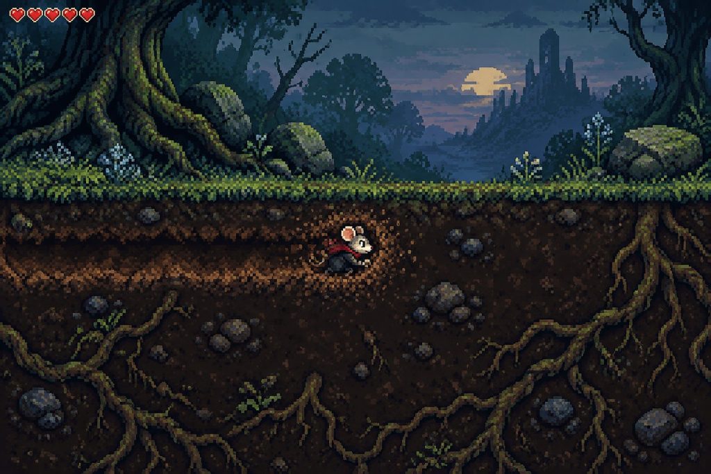 Pixel art gameplay screenshot from Mina the Hollower showing the protagonist burrowing underground.