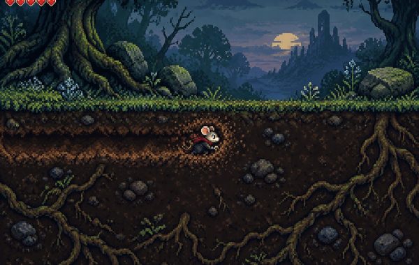Pixel art gameplay screenshot from Mina the Hollower showing the protagonist burrowing underground.