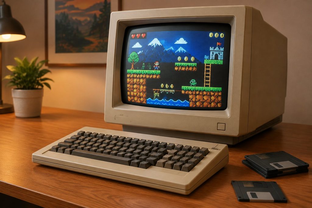 Vintage 8-bit computer monitor showing pixel art gameplay from a resurrected 1980s sequel.