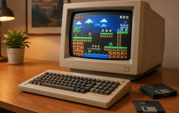 Vintage 8-bit computer monitor showing pixel art gameplay from a resurrected 1980s sequel.