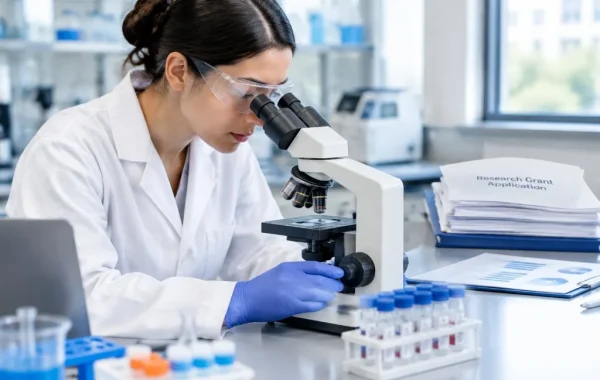 Research lab scientist looking through microscope with official federal grant documents in background.