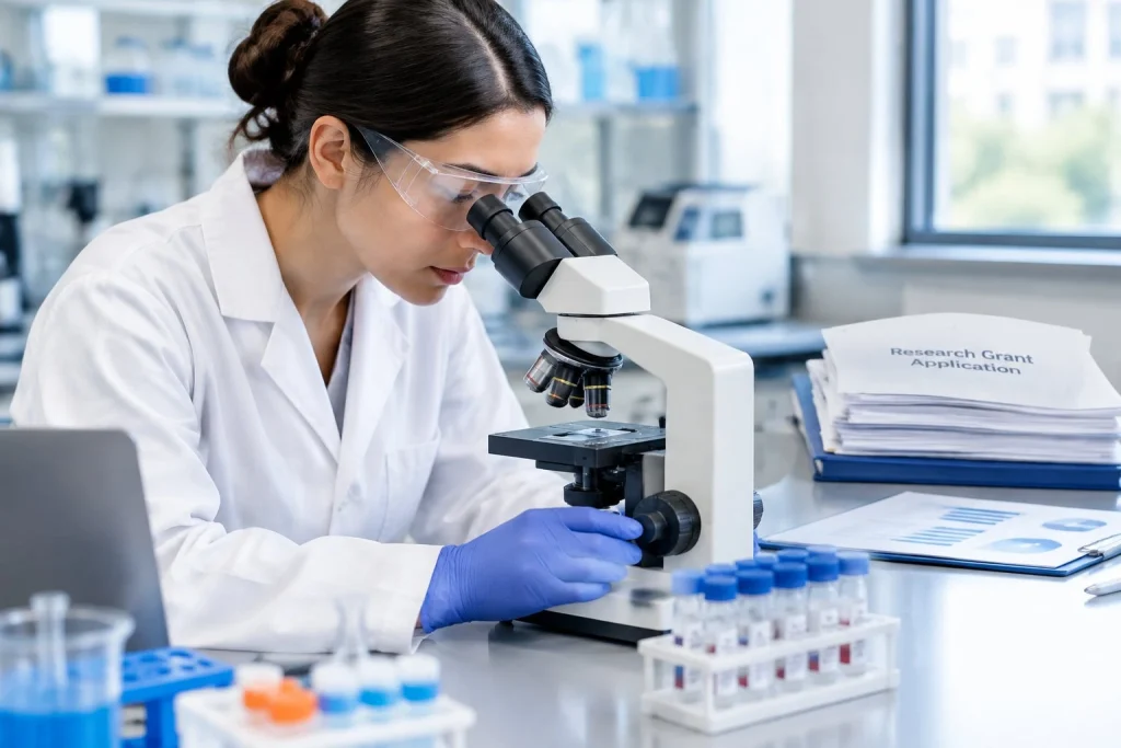 Research lab scientist looking through microscope with official federal grant documents in background.