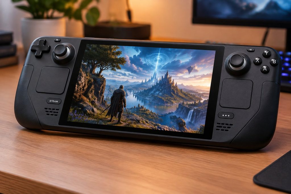 Valve Steam Deck handheld gaming console displaying an action RPG on its vibrant OLED screen.