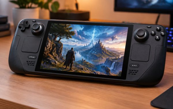 Valve Steam Deck handheld gaming console displaying an action RPG on its vibrant OLED screen.