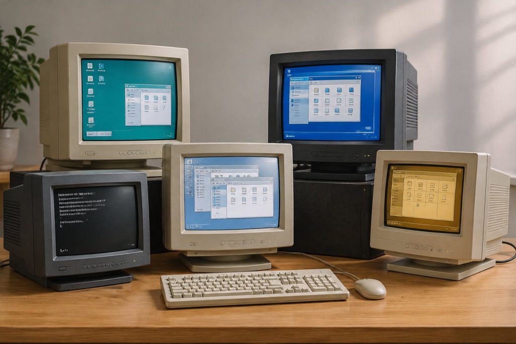 Arrangement of retro computer monitors running vintage operating system desktop user interfaces.