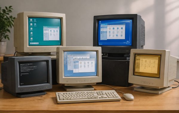 Arrangement of retro computer monitors running vintage operating system desktop user interfaces.