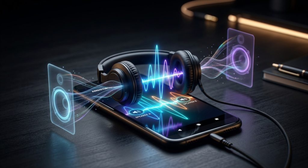 Smartphone with headphones displaying real-time anonymous audio soundwaves connecting two speakers.
