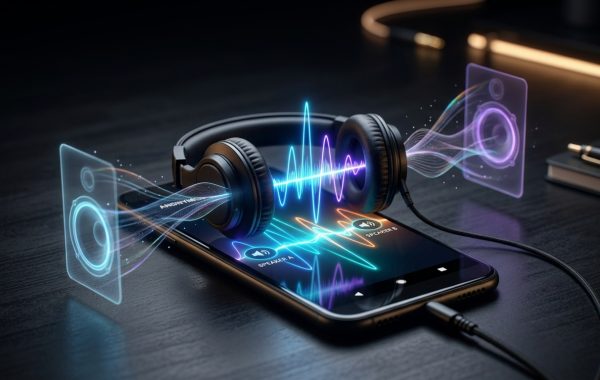 Smartphone with headphones displaying real-time anonymous audio soundwaves connecting two speakers.