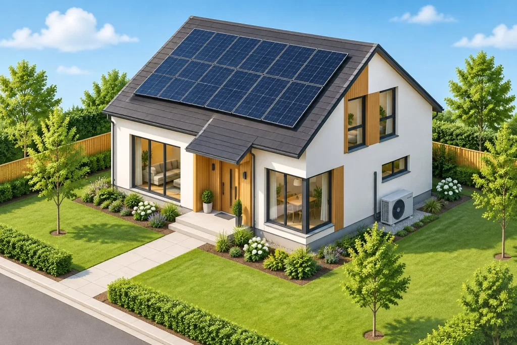 Modern energy-efficient suburban home equipped with heat pump and solar panels under clear skies.