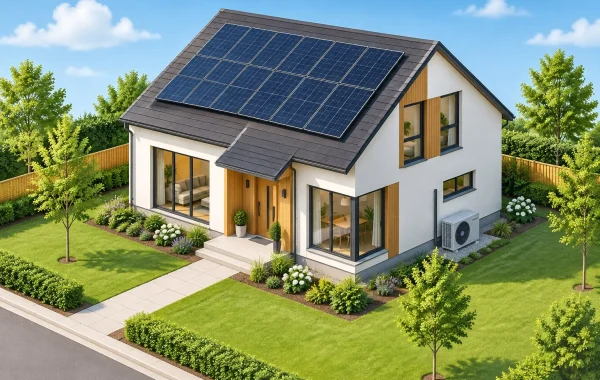 Modern energy-efficient suburban home equipped with heat pump and solar panels under clear skies.