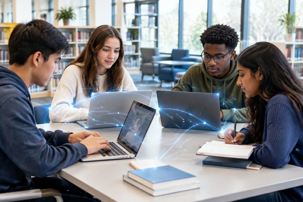 Students in a modern school library studying on connected laptops with fiber optic network graphic.