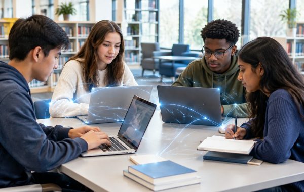 Students in a modern school library studying on connected laptops with fiber optic network graphic.