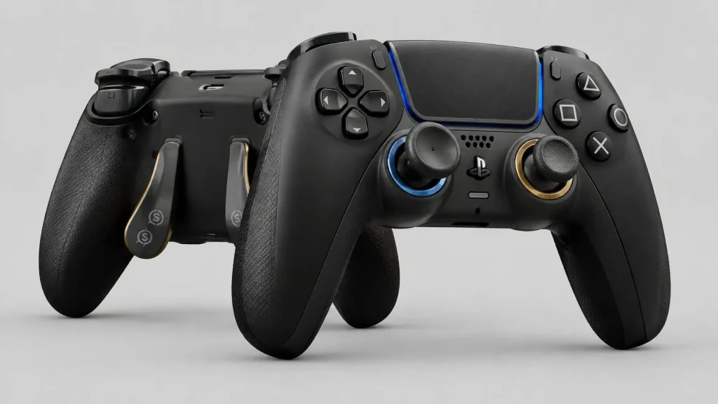 Custom SCUF pro wireless gaming controller showing rear paddles and customizable thumbsticks.