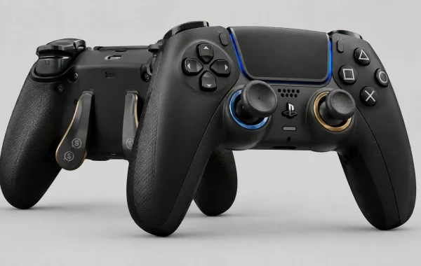 Custom SCUF pro wireless gaming controller showing rear paddles and customizable thumbsticks.
