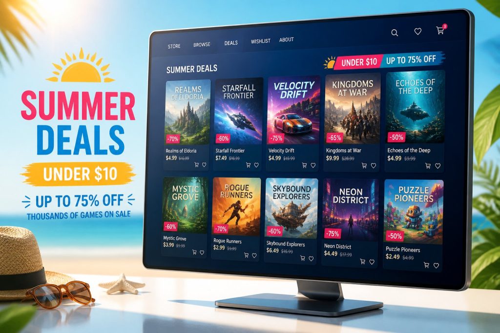 Digital storefront illustration showcasing Steam Summer Sale discounted games under ten dollars