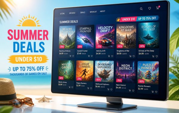 Digital storefront illustration showcasing Steam Summer Sale discounted games under ten dollars