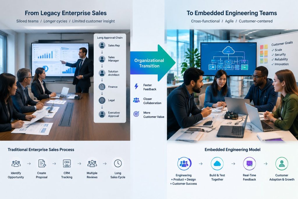 Diagram showing Microsoft's shift toward embedded AI engineering teams in enterprise environments.