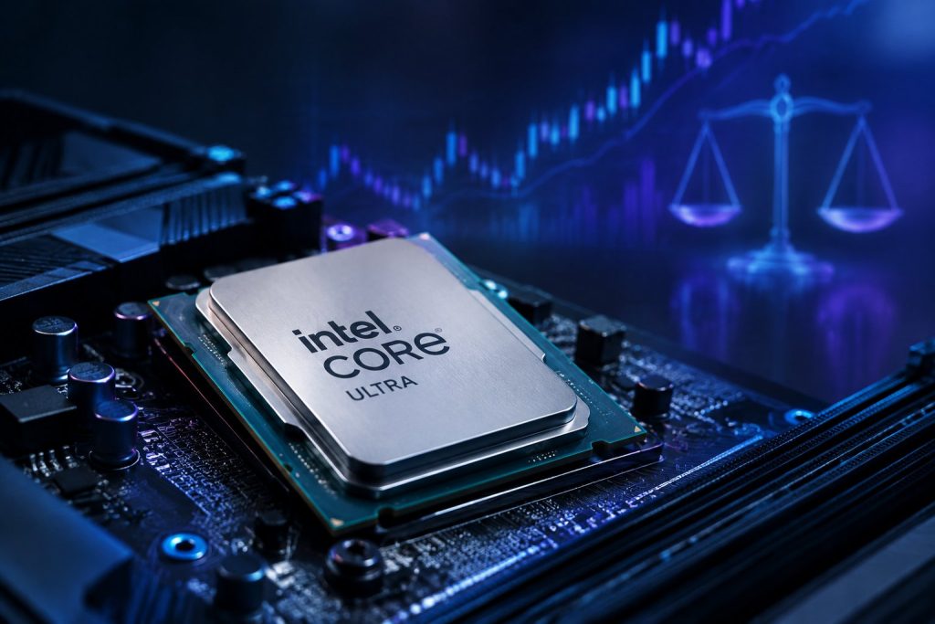 Intel Core Ultra desktop processor sitting on a motherboard alongside pricing tags and market trend charts.