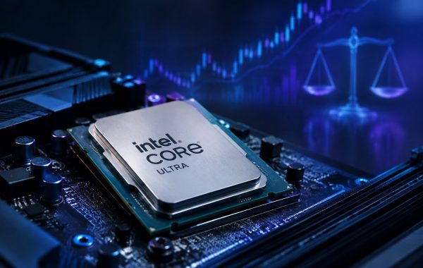 Intel Core Ultra desktop processor sitting on a motherboard alongside pricing tags and market trend charts.