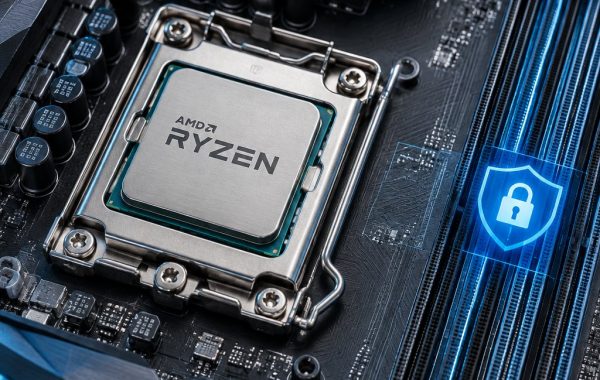 AMD Ryzen desktop CPU processor chip mounted in motherboard socket with memory lock graphic.