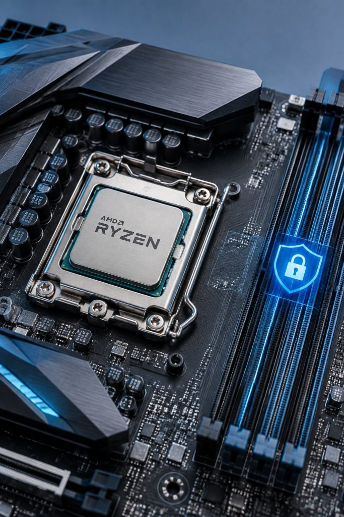 AMD Ryzen desktop CPU processor chip mounted in motherboard socket with memory lock graphic.