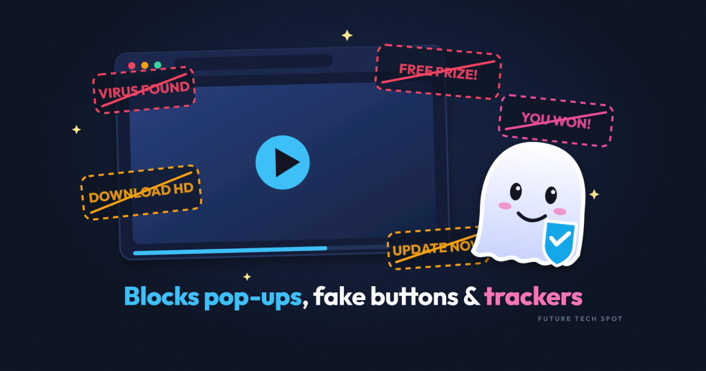 Ad Block Ghost mascot with a shield blocking fake ads and pop-ups around a video player