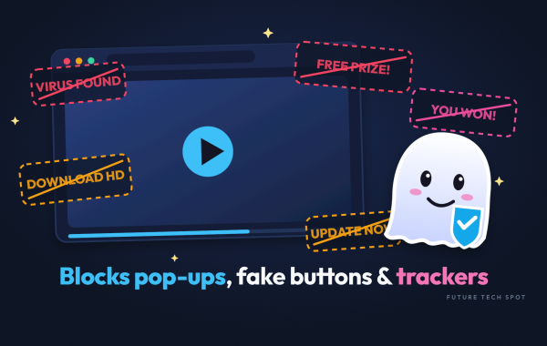Ad Block Ghost mascot with a shield blocking fake ads and pop-ups around a video player
