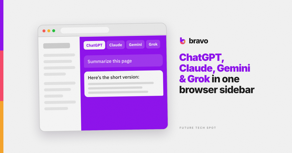 Bravo browser sidebar with ChatGPT, Claude, Gemini and Grok tabs and a Summarize this page chat