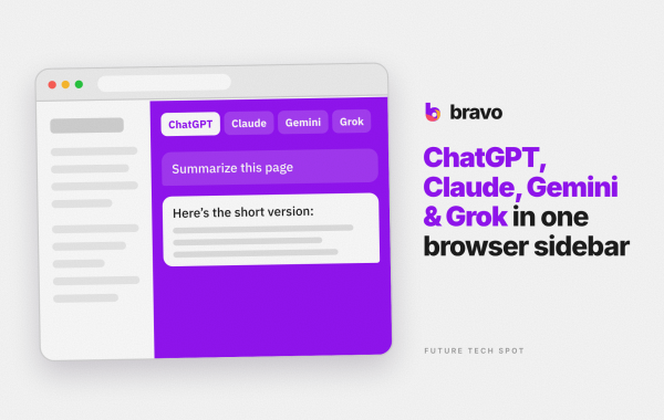 Bravo browser sidebar with ChatGPT, Claude, Gemini and Grok tabs and a Summarize this page chat