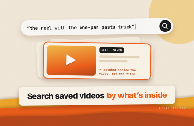 Deepmark search for a saved reel by what is said inside the video, paper-cut illustration