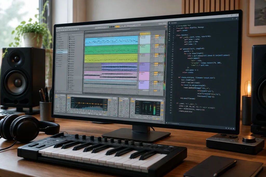 Ableton Live digital audio workstation on screen with custom code extensions script editor open.