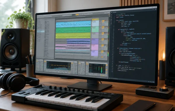 Ableton Live digital audio workstation on screen with custom code extensions script editor open.