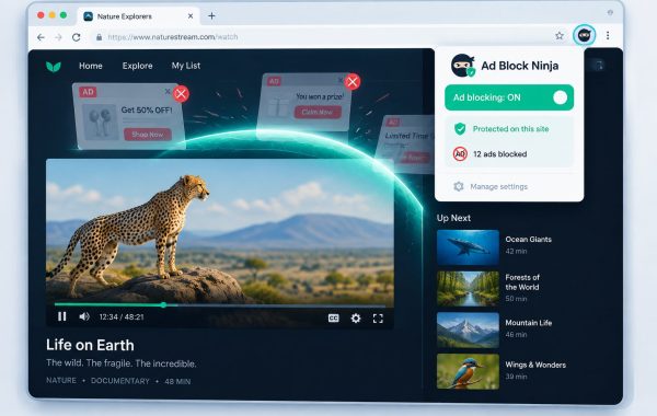 Ad Block Ninja Chrome extension interface demonstrating active popup blocking on a video website.