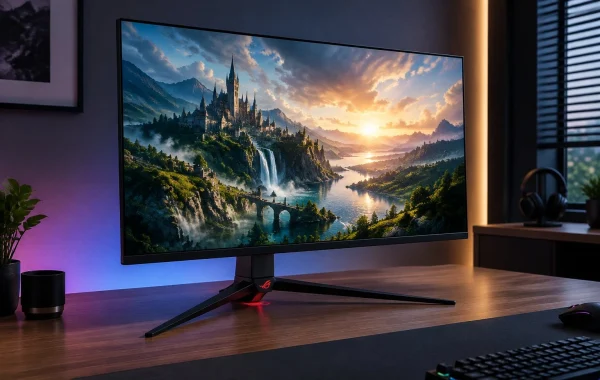 ASUS ROG Strix 32-inch 4K OLED gaming monitor displaying vivid HDR gaming visuals on a desk.