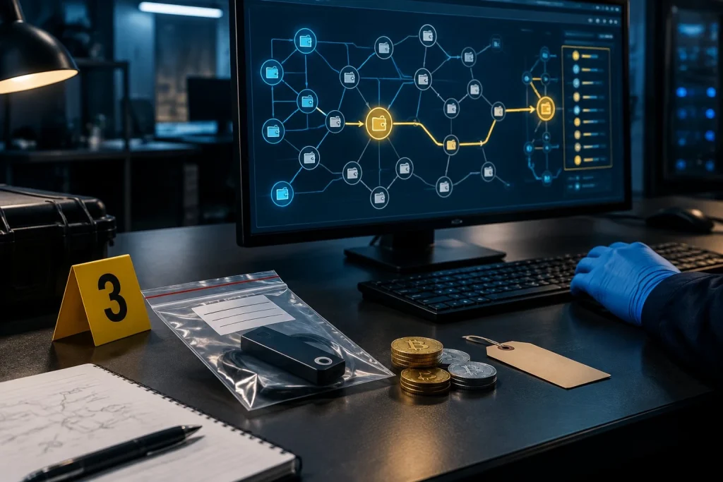 Cryptocurrency forensic flow diagram overlaid with police seizure badge and confiscated digital assets.