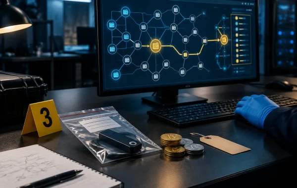 Cryptocurrency forensic flow diagram overlaid with police seizure badge and confiscated digital assets.