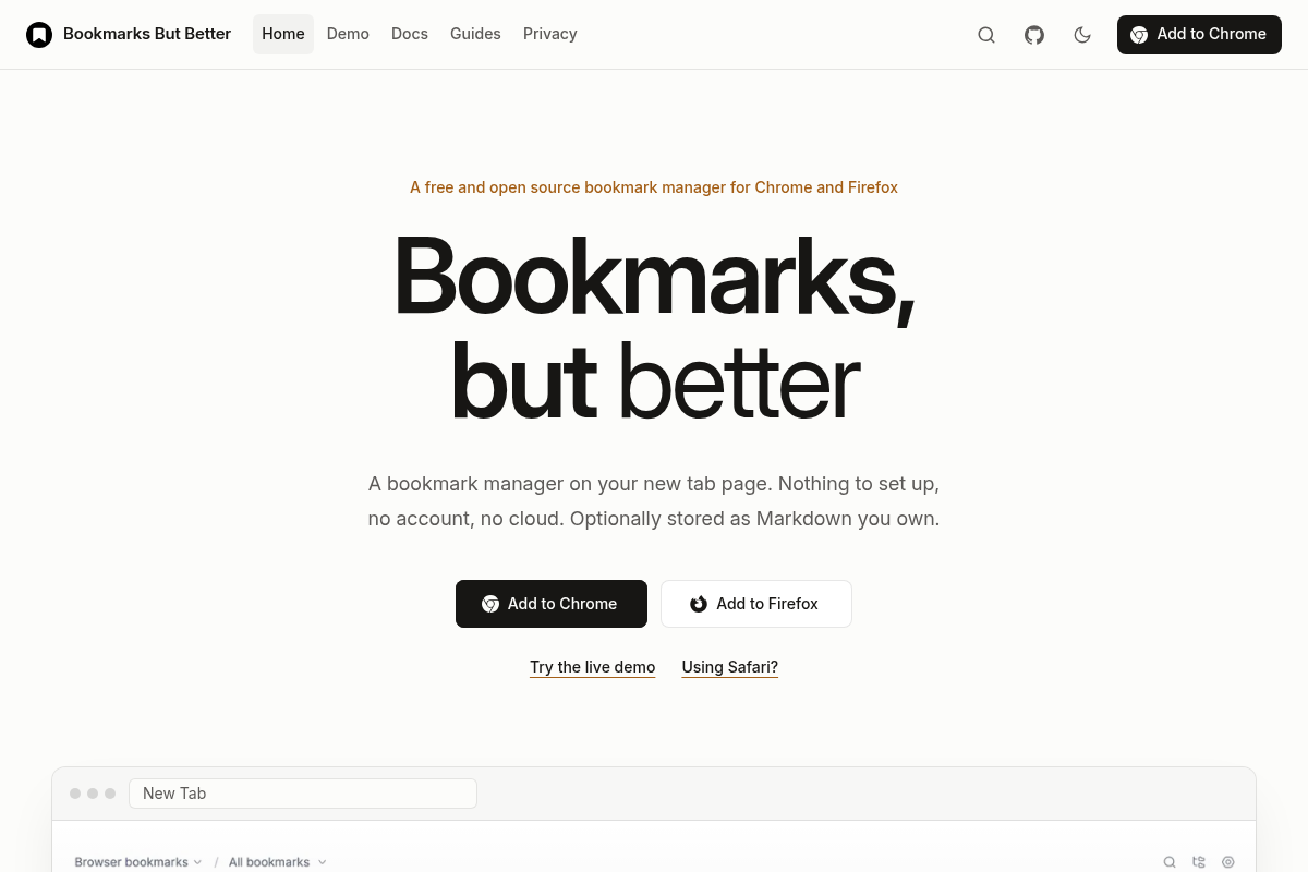 Bookmarks But Better homepage screenshot showing the Bookmarks, but better headline with Add to Chrome and Add to Firefox buttons and a preview of the New Tab dashboard.