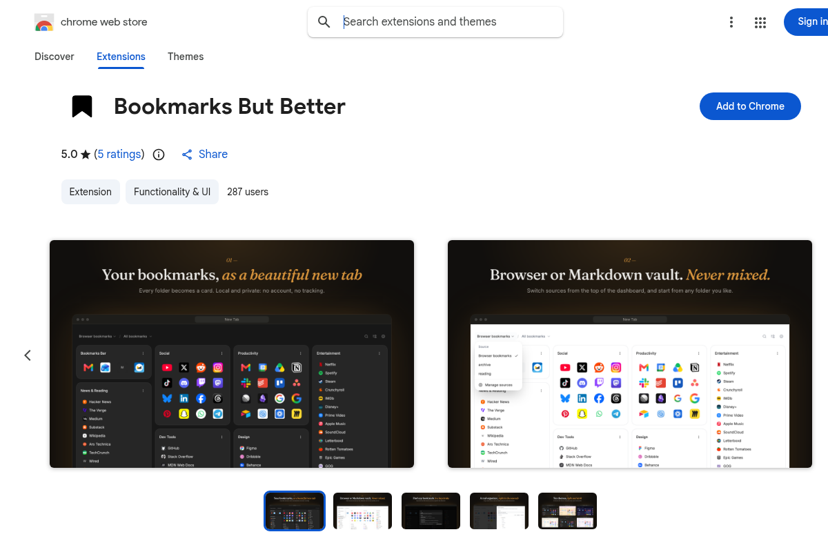 Bookmarks But Better Chrome Web Store listing screenshot showing 5.0 from 5 ratings, 287 users, and dashboard previews of bookmark folders as cards.