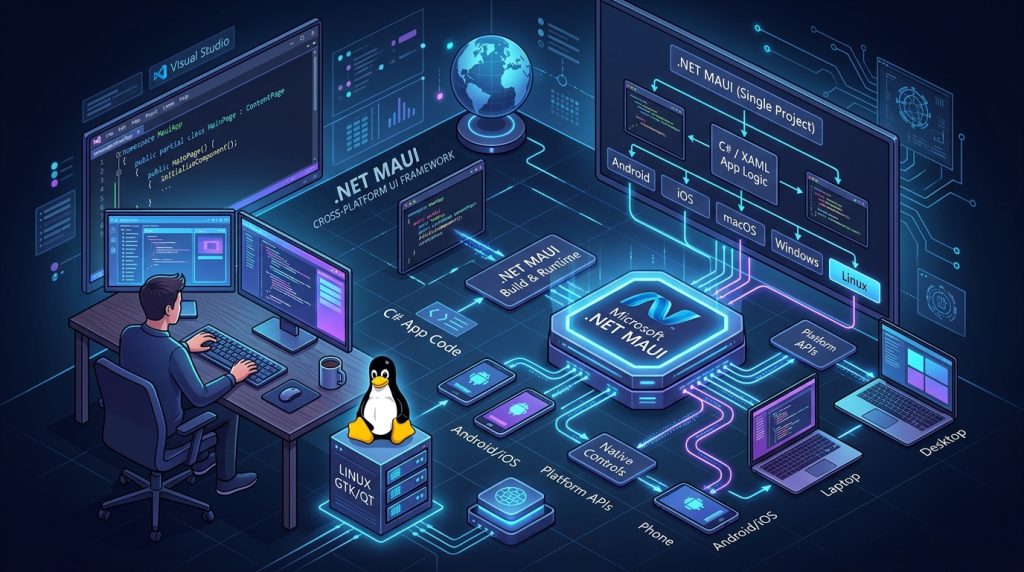 Diagram of the .NET MAUI multi-platform application framework alongside the Linux Tux mascot on desktop.