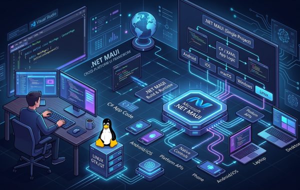 Diagram of the .NET MAUI multi-platform application framework alongside the Linux Tux mascot on desktop.