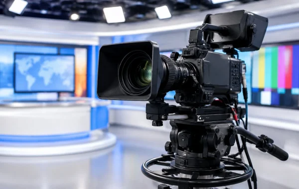 Professional television broadcasting camera in a studio set with bright lighting and studio monitors.